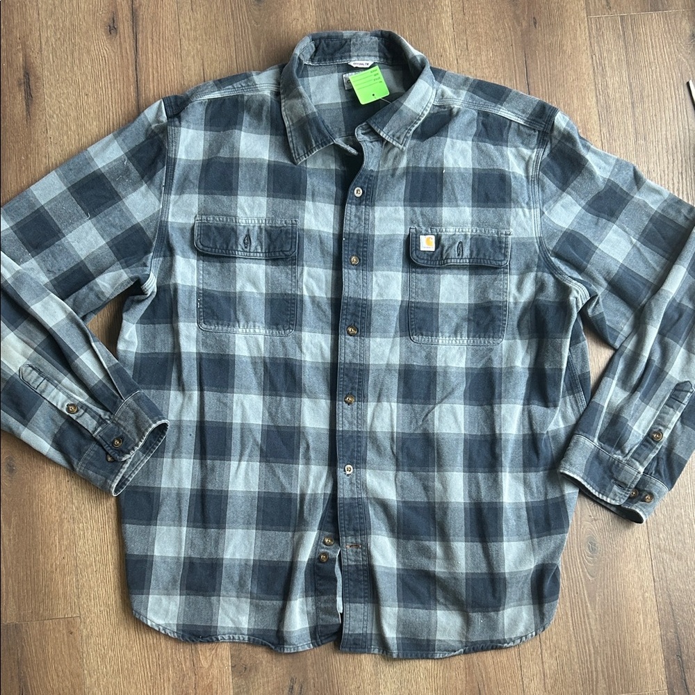 Carhartt Men’s Blue & Gray Plaid Button-Down Work Shirt ! XXL